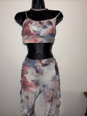 Tie-Dye Crop Top & Ruched Jogger Set - Pink, Blue & Cream